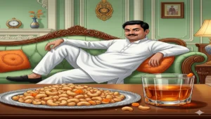 kaajoo bhune plate me whisky gilas me