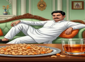 kaajoo bhune plate me whisky gilas me