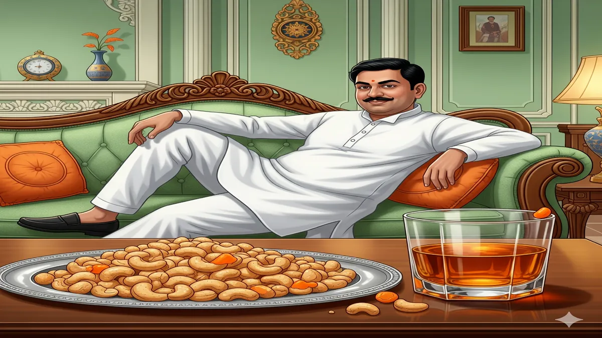 kaajoo bhune plate me whisky gilas me